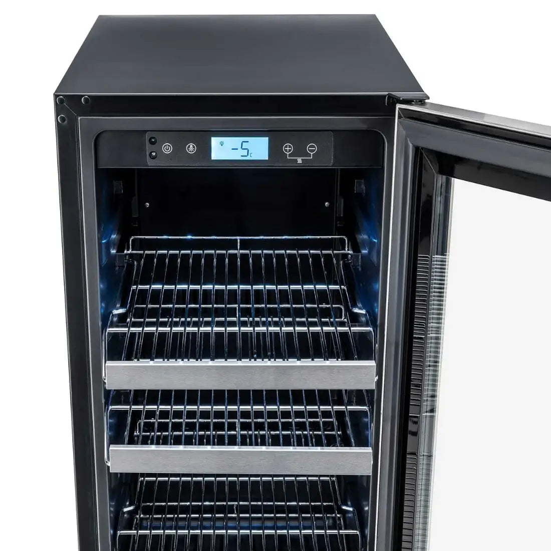 Cervejeira Tecno Professional 80 Litros Inox 38cm - Abertura Direita, beer center com acabamento inox, porta de vidro, prateleiras e display digital