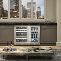 Cervejeira Tecno Professional 80 Litros Inox 38cm - Abertura Direita: beer center de embutir com porta de vidro dupla, acabamento inox e prateleiras ajustáveis