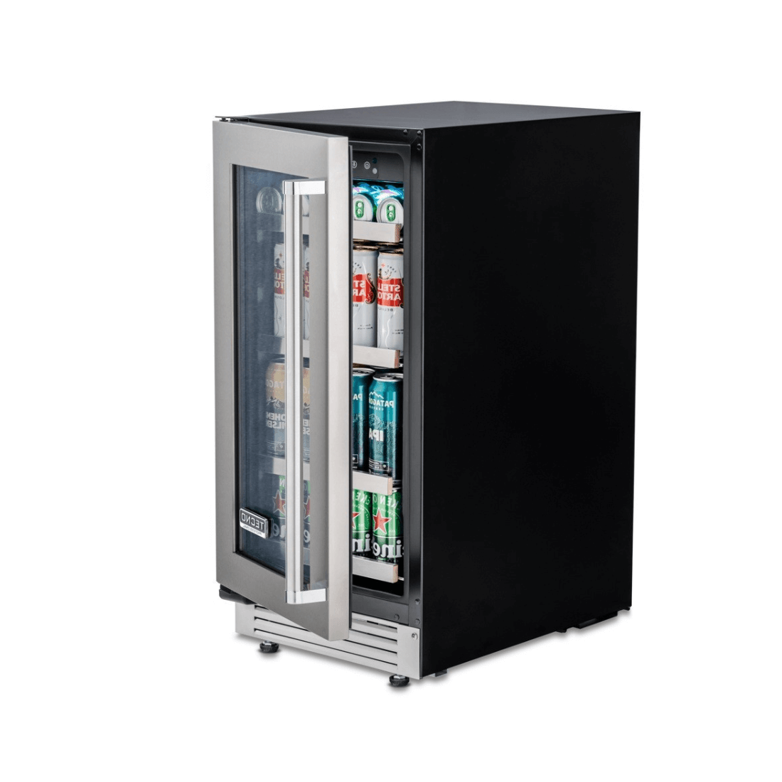 Cervejeira Tecno Professional 80 litros inox 38cm abertura esquerda com porta de vidro exibindo latas e garrafas