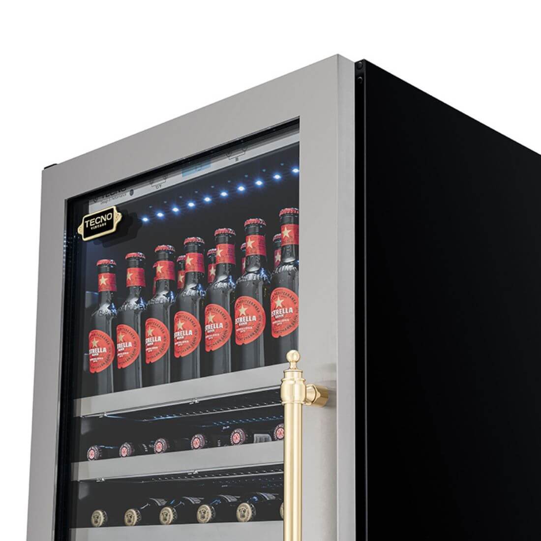 Cervejeira Tecno Vintage 433 Litro Inox 60cm - Abertura Esquerda: beer center inox com porta de vidro, prateleiras cromadas e iluminação interna LED