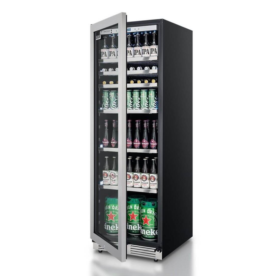 Cervejeira Tecno Vintage 433 Litro Inox 60cm - Abertura Esquerda: beer center inox com porta de vidro dupla, prateleiras e iluminação interna