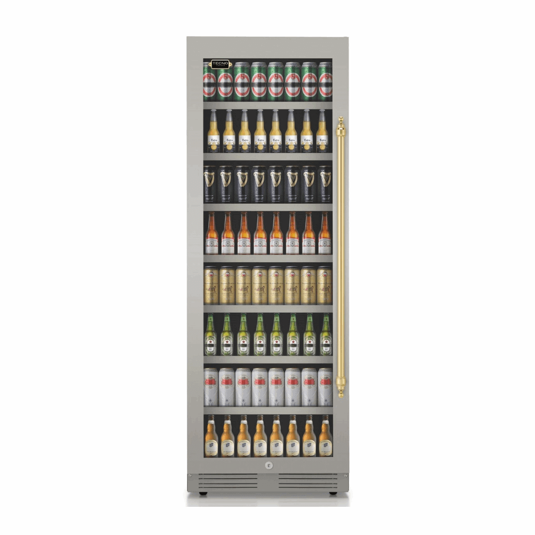 Cervejeira Tecno Vintage 433 Litro Inox 60cm - Abertura Esquerda: cervejeira de embutir inox com porta de vidro, prateleiras e alça dourada