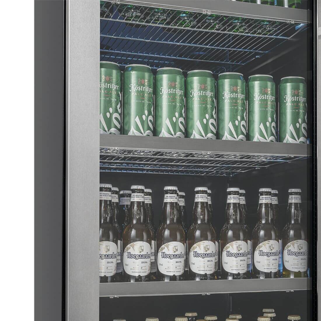 Cervejeira Tecno Vintage 433 Litro Inox 60cm - Abertura Esquerda, cervejeira com porta de vidro, acabamento inox e prateleiras metálicas iluminadas
