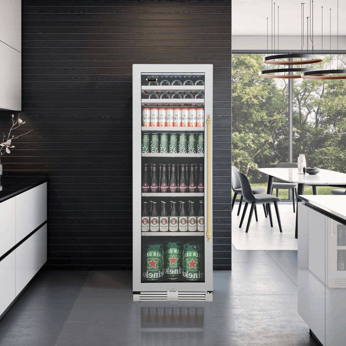 Cervejeira Tecno Vintage 433 Litro Inox 60cm - Abertura Esquerda: cervejeira inox com porta de vidro, prateleiras cromadas e iluminação interna em cozinha