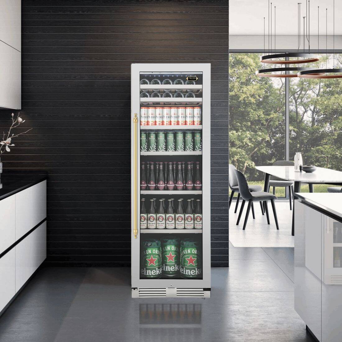 Cervejeira Tecno Vintage 433 Litros Inox 60cm - Abertura Direita: cervejeira porta de vidro inox com prateleiras, iluminação interna e acabamento premium