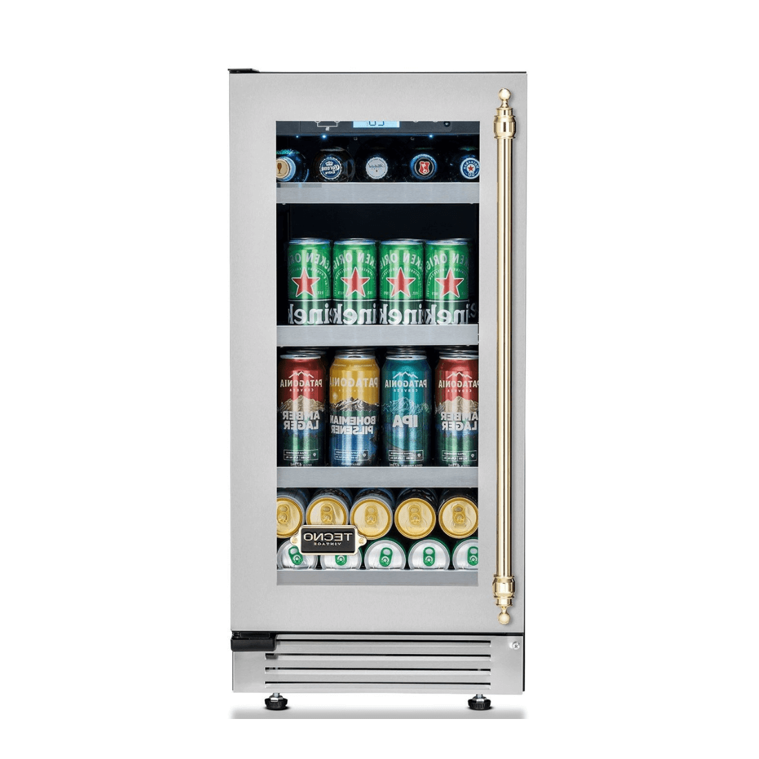 Cervejeira Tecno Vintage 80 litros inox 38cm abertura esquerda com latas e garrafas refrigeradas