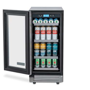  Cervejeira Tecno Vintage 80 Litros inox com porta vidro abertura esquerda exibindo latas de cerveja e prateleiras ajustáveis