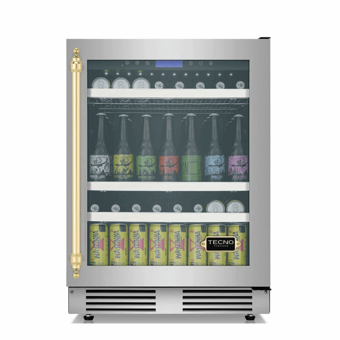 Cervejeira Tecno Vintage 136 Litros Inox 60cm - Abertura Direita, cervejeira com acabamento inox, porta de vidro, prateleiras em aço e iluminação interna