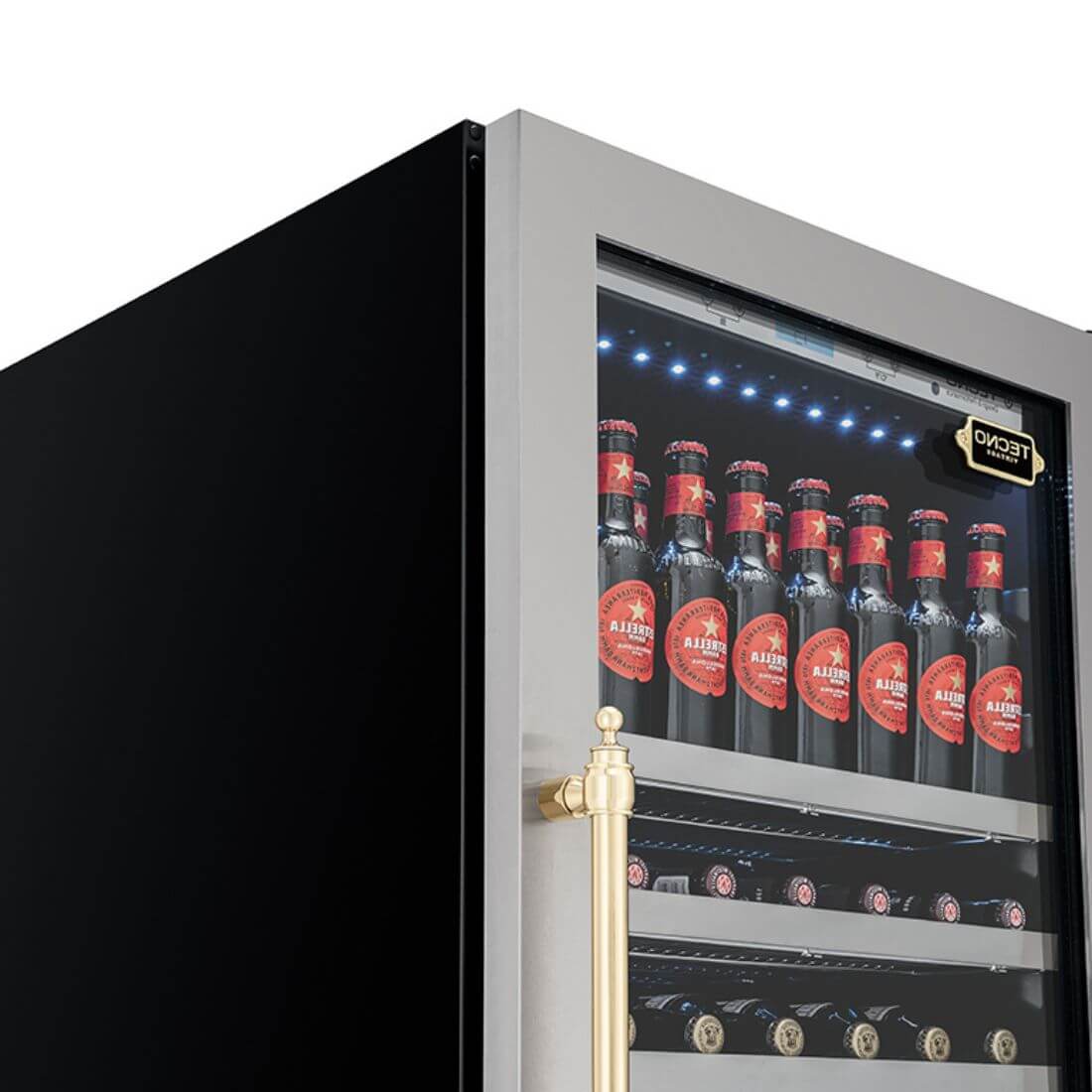 Cervejeira Tecno Vintage 433 Litros Inox 60cm - Abertura Direita: beer center inox com porta de vidro, prateleiras metálicas e iluminação interna LED
