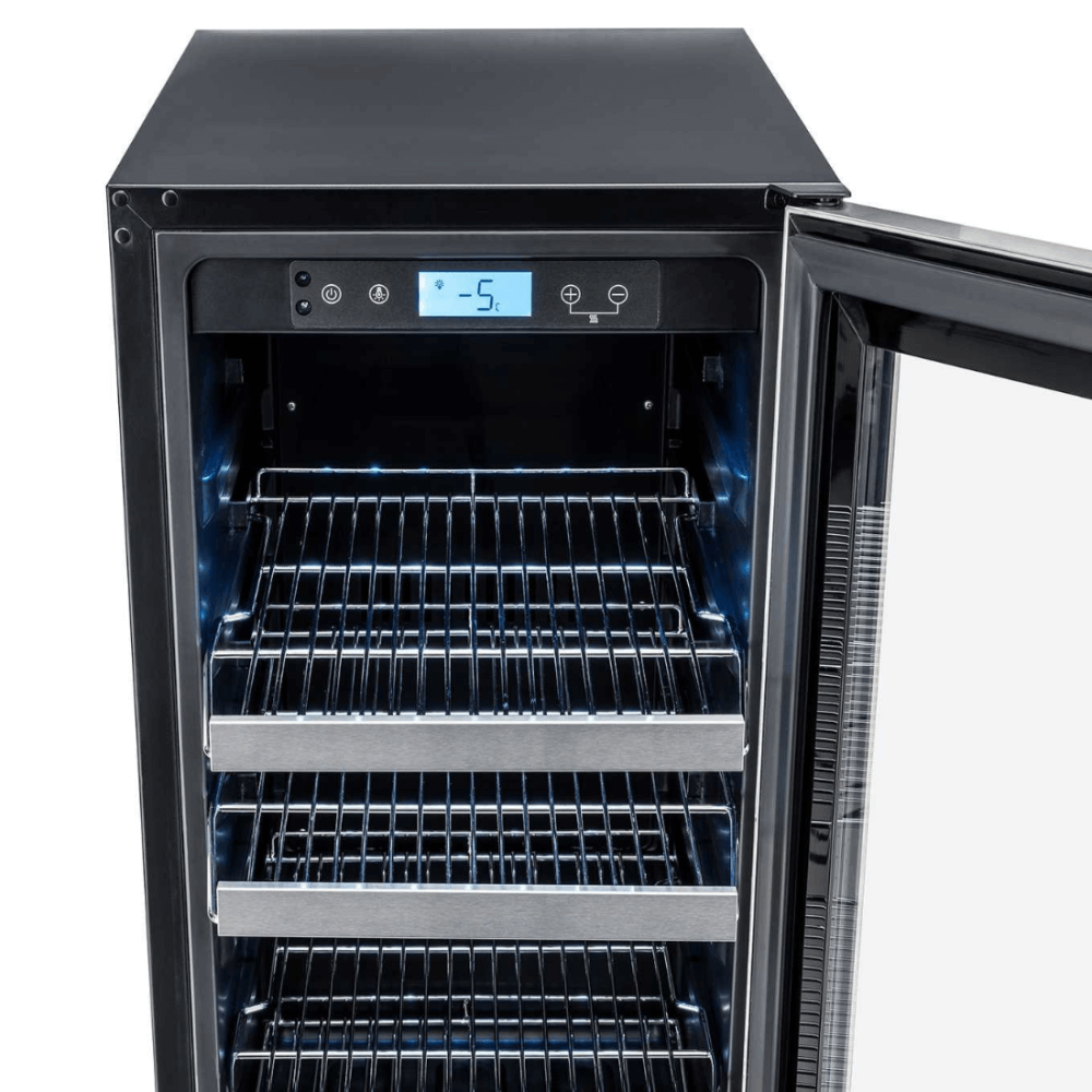 Cervejeira Tecno Vintage 80 Litros Inox 38cm - Abertura Direita com interior inox, prateleiras reguláveis, iluminação azul e porta de vidro