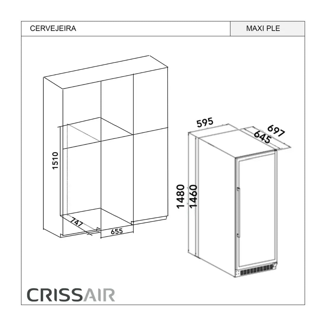 Cervejeira Crissair embutir vidro preto 320L desenho técnico com dimensões 1480x595x697mm