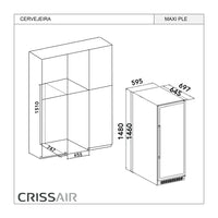 Cervejeira Crissair embutir vidro preto 320L desenho técnico com dimensões 1480x595x697mm