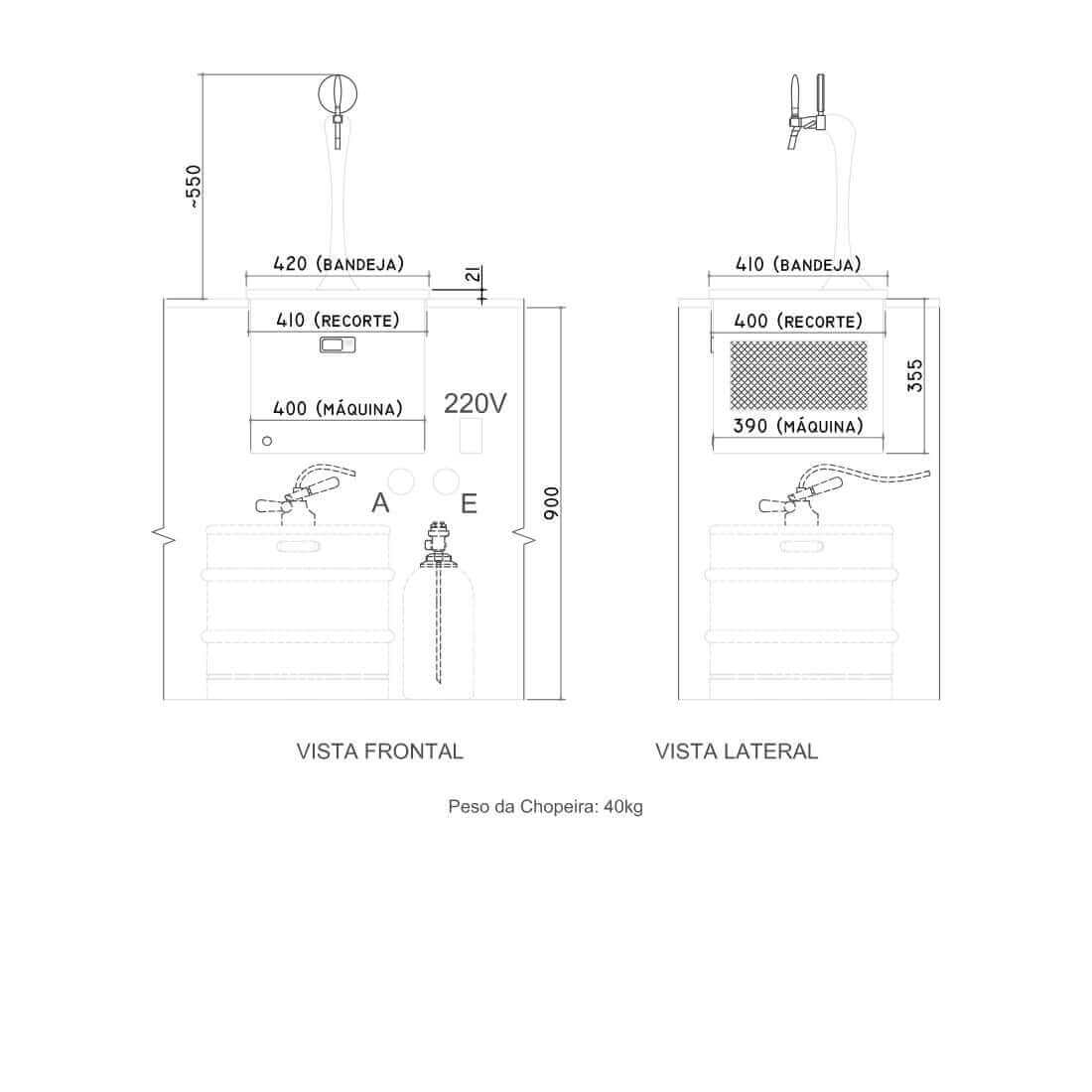 Chopeira Naja Cheffer Smart 1 Torneira com Lava Copos desenho técnico em planta frontal e lateral mostrando dimensões, torre naja e instalação de bancada