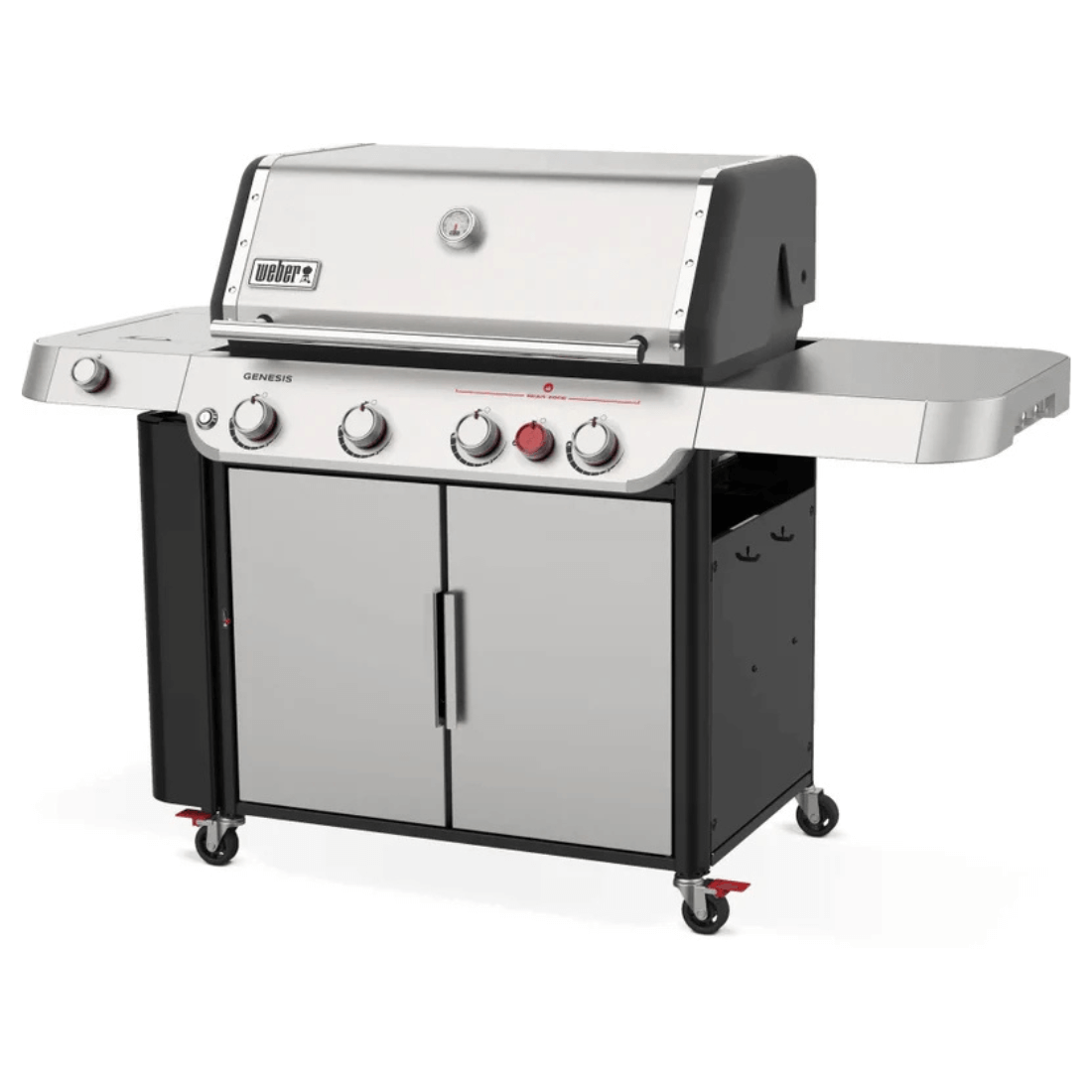 Churrasqueira a Gás Weber 4 Queimadores 165cm com Rodizio Gênesis II S-435 em inox escovado, 4 knobs, tampa, rodízios e portas de armário