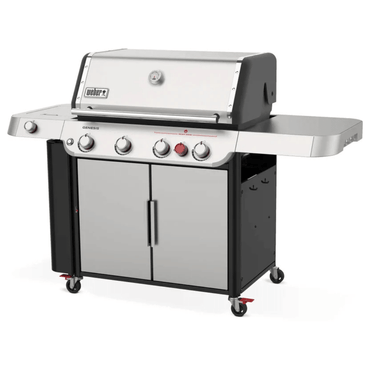 Churrasqueira a Gás Weber 4 Queimadores 165cm com Rodizio Gênesis II S-435 em inox escovado, 4 knobs, tampa, rodízios e portas de armário