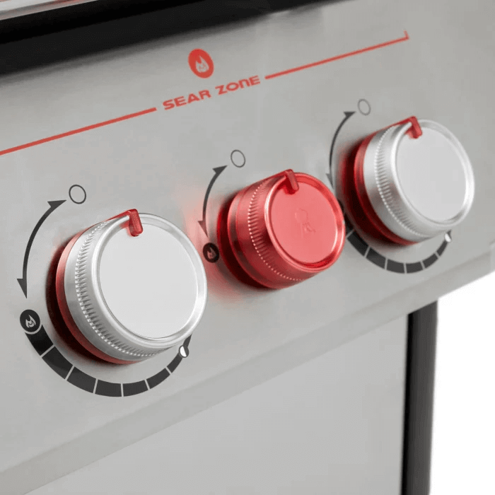 Churrasqueira a Gás Weber 4 Queimadores 165cm com Rodizio Gênesis II S-435 mostrador em inox com botões vermelhos de regulagem e acabamento escovado