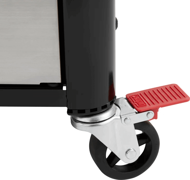 Churrasqueira a Gás Weber 4 Queimadores 165cm com Rodizio Gênesis II S-435 mostrando rodízio em inox com trava vermelha e acabamento em inox escovado