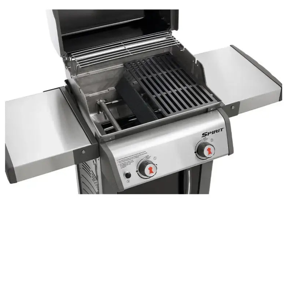 Churrasqueira a Gás Weber 2 Queimadores 120cm com Rodízio Spirit E-210 em inox com 2 queimadores visíveis, grelhas e prateleiras laterais