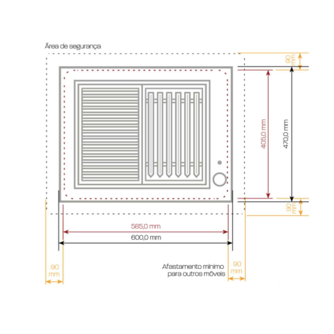 Churrasqueira Elétrica Top Lid JX Metais Inox 60cm desenho técnico com medidas de embutir e áreas de segurança