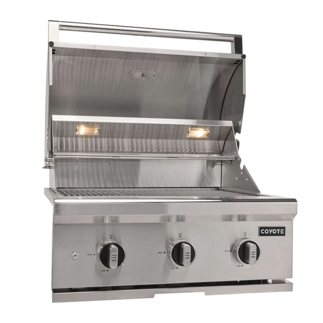 Churrasqueira a Gás Coyote 3 Queimadores Série C3 Inox 71cm com tampa aberta e três queimadores.