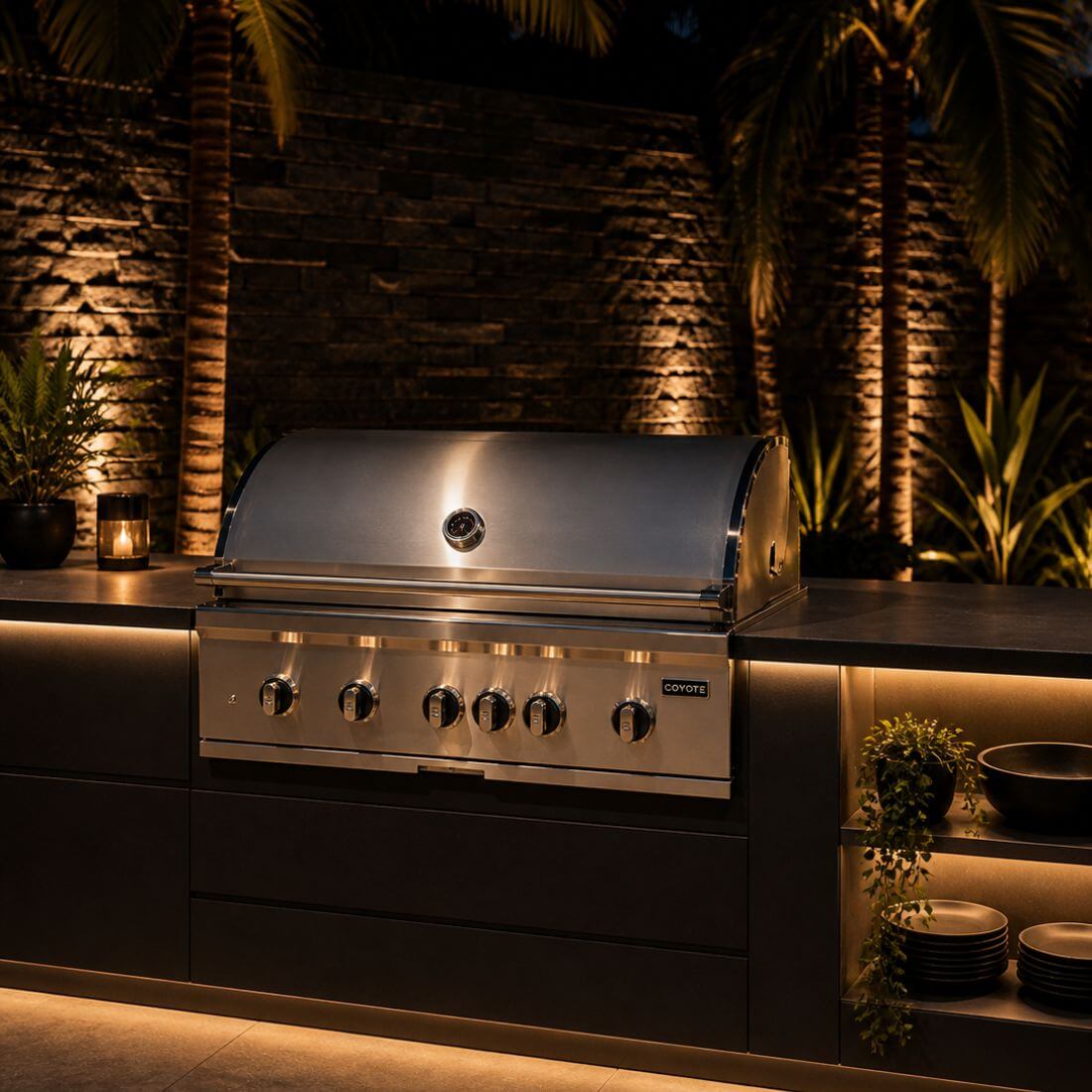 Churrasqueira a Gás Coyote Série SL3 4 Queimadores em ambiente iluminado, com design moderno e elegante.