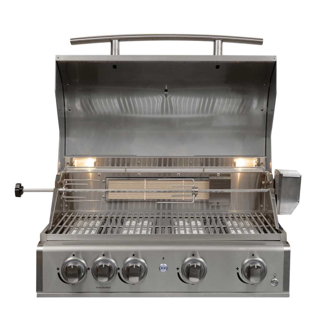 Churrasqueira a Gás Cuisinart Arkton 4 Queimadores 74cm em inox escovado, 4 queimadores, grelha e tampa com espeto rotativo e iluminação