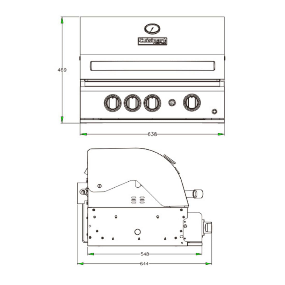 Churrasqueira a Gás Cuisinart Arkton 2 Queimadores e Sear Zone 64cm desenho técnico em inox com 2 queimadores, tampa e painel frontal com botões
