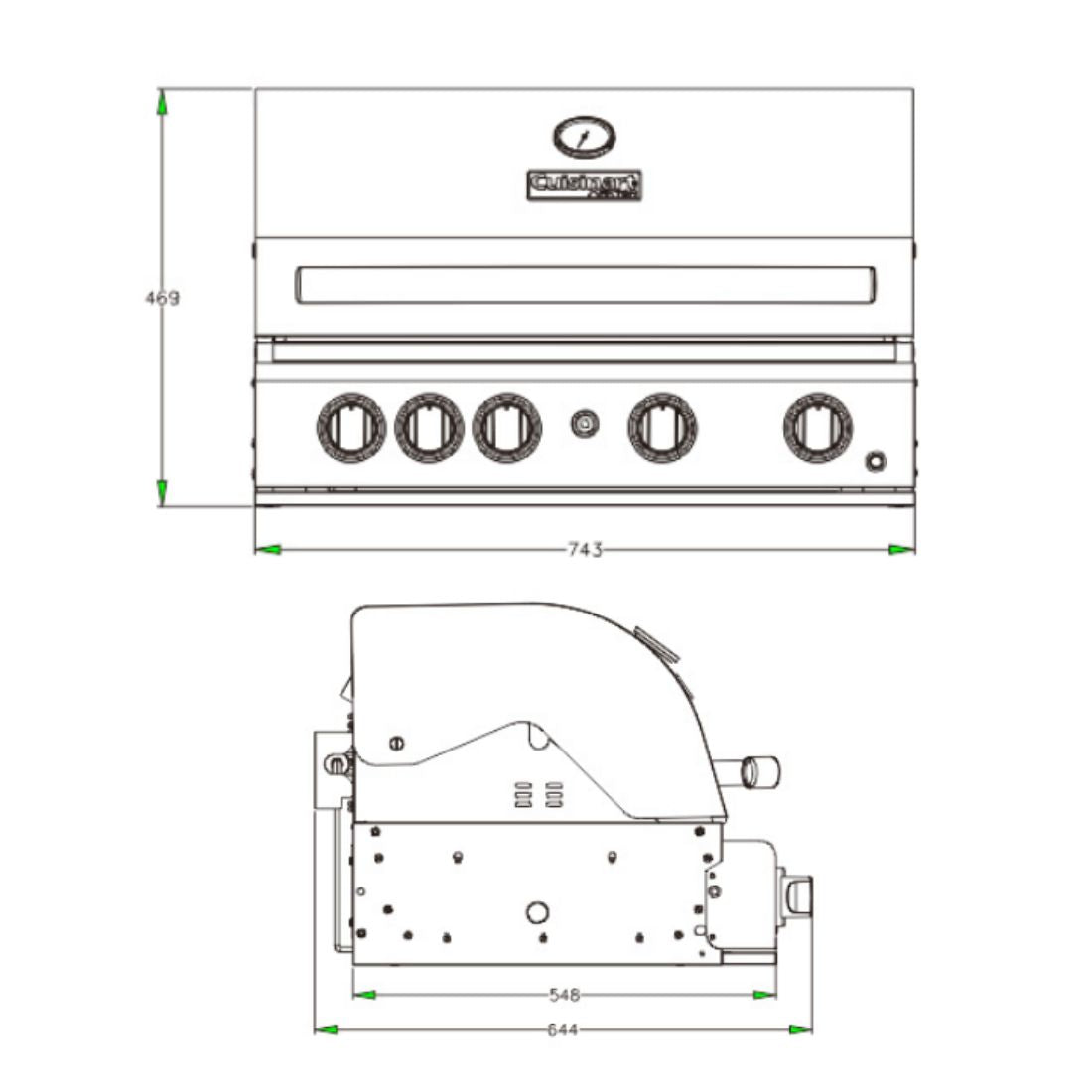 Churrasqueira a Gás Cuisinart Arkton 4 Queimadores 74cm em inox escovado, vista técnica frontal e lateral com 4 queimadores e tampa