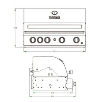 Churrasqueira a Gás Cuisinart Arkton 4 Queimadores 74cm em inox escovado, vista técnica frontal e lateral com 4 queimadores e tampa