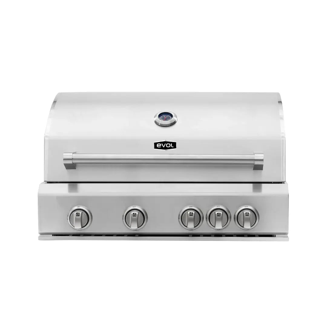 Churrasqueira a Gás Evol Florence 4 Queimadores Inox 79cm em inox escovado com 4 botões frontais, tampa com termômetro e puxador robusto