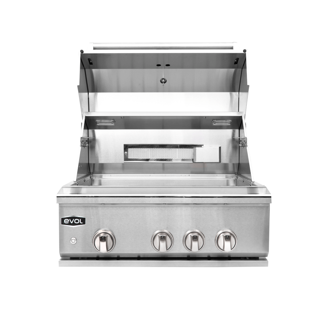 Churrasqueira à Gás Evol Modena 28'' Inox 3 Queimadores 70cm - churrasqueira de embutir inox com 3 queimadores, tampa articulada e puxadores em inox