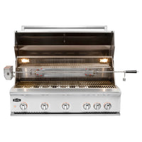 Churrasqueira Evol Modena 42" 4 queimadores e 2 infrared 107cm em inox com espeto rotativo e tampa aberta