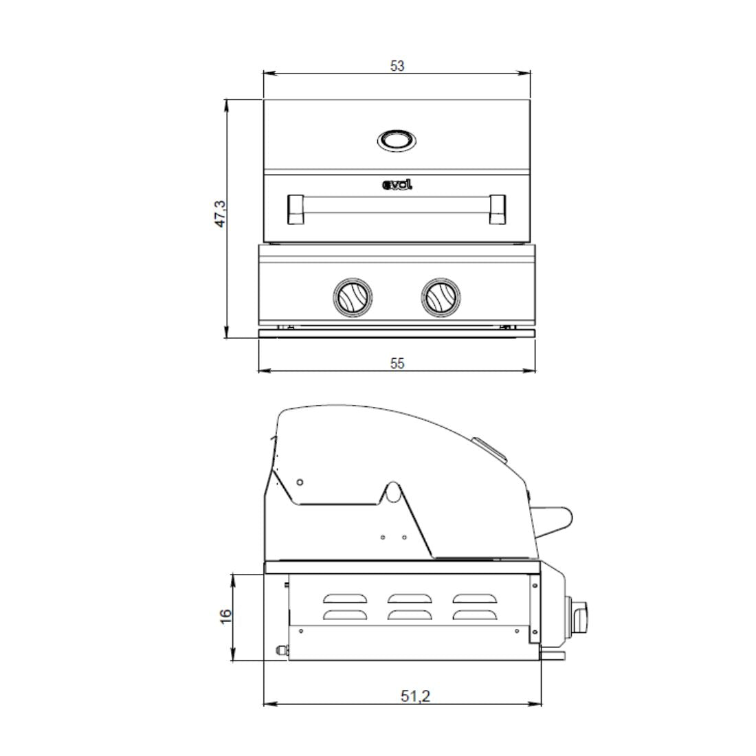 Churrasqueira à Gás Evol Capri 2 Queimadores Inox 55cm — desenho técnico em inox com 2 controles, tampa articulada e medidas para embutir