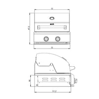 Churrasqueira à Gás Evol Capri 2 Queimadores Inox 55cm — desenho técnico em inox com 2 controles, tampa articulada e medidas para embutir