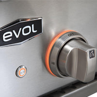 Churrasqueira Evol Modena botão cromado com anel iluminado e marca Evol em aço escovado, controle de temperatura