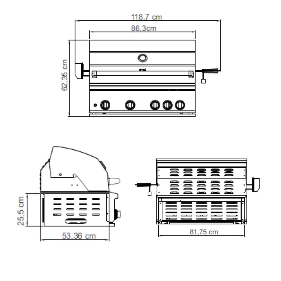 Churrasqueira Evol Modena 34 Inox 3 Queimadores 86cm vista técnica com medidas, inox, tampa, puxador e frentes de controle