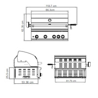 Churrasqueira Evol Modena 34 Inox 3 Queimadores 86cm vista técnica com medidas, inox, tampa, puxador e frentes de controle