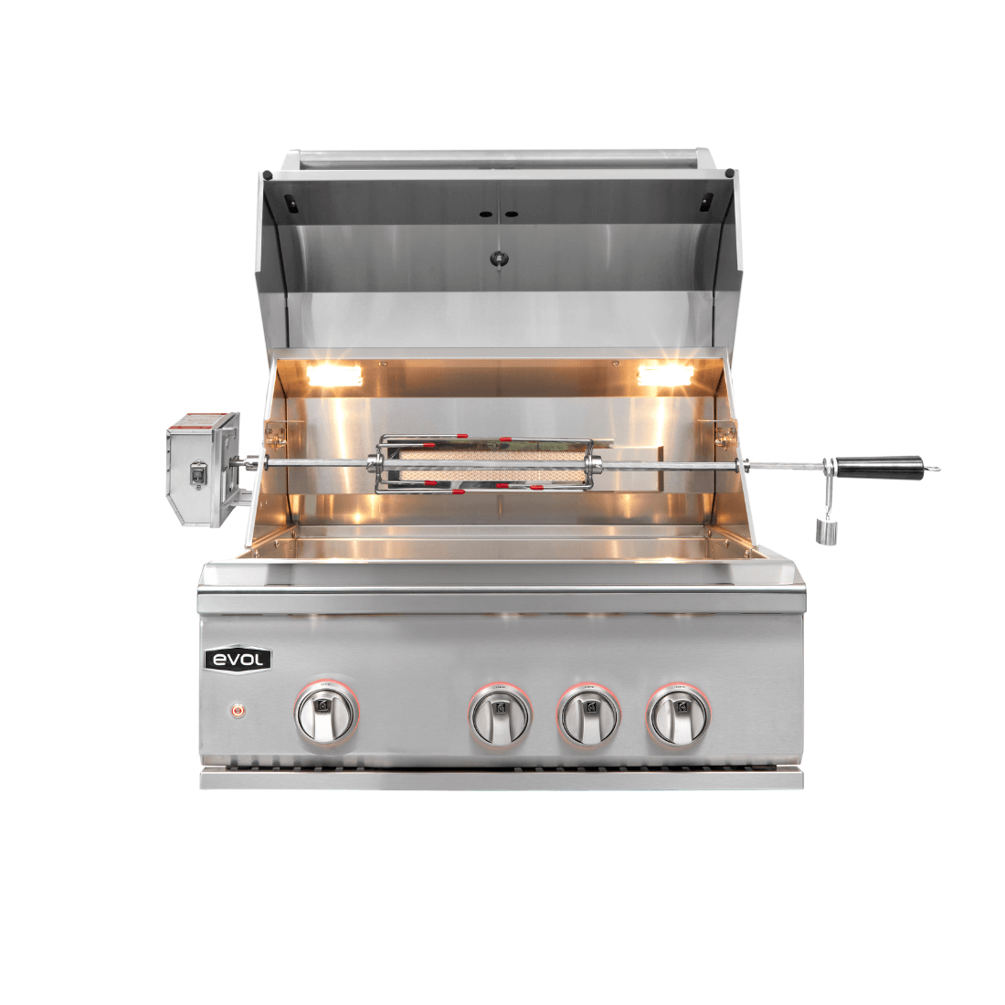 Churrasqueira à Gás Evol Modena 28'' Inox 3 Queimadores 70cm - churrasqueira a gás inox embutir com 3 queimadores, tampa, grelha e espetinho rotativo