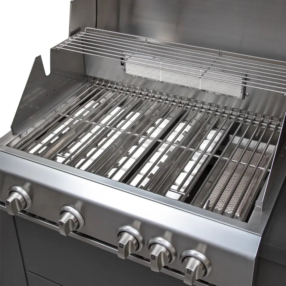 Churrasqueira a Gás Evol Florence 4 Queimadores Inox 79cm — churrasqueira a gás em inox escovado com 4 queimadores, grelhas e tampa articulada