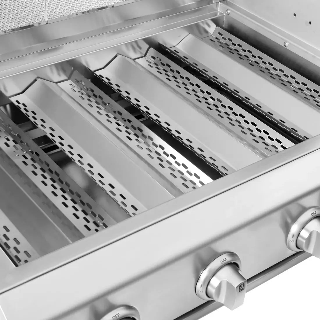 Churrasqueira a Gás Evol Florence 4 Queimadores Inox 79cm com acabamento inox escovado, grelhas e defletores visíveis e botões frontais