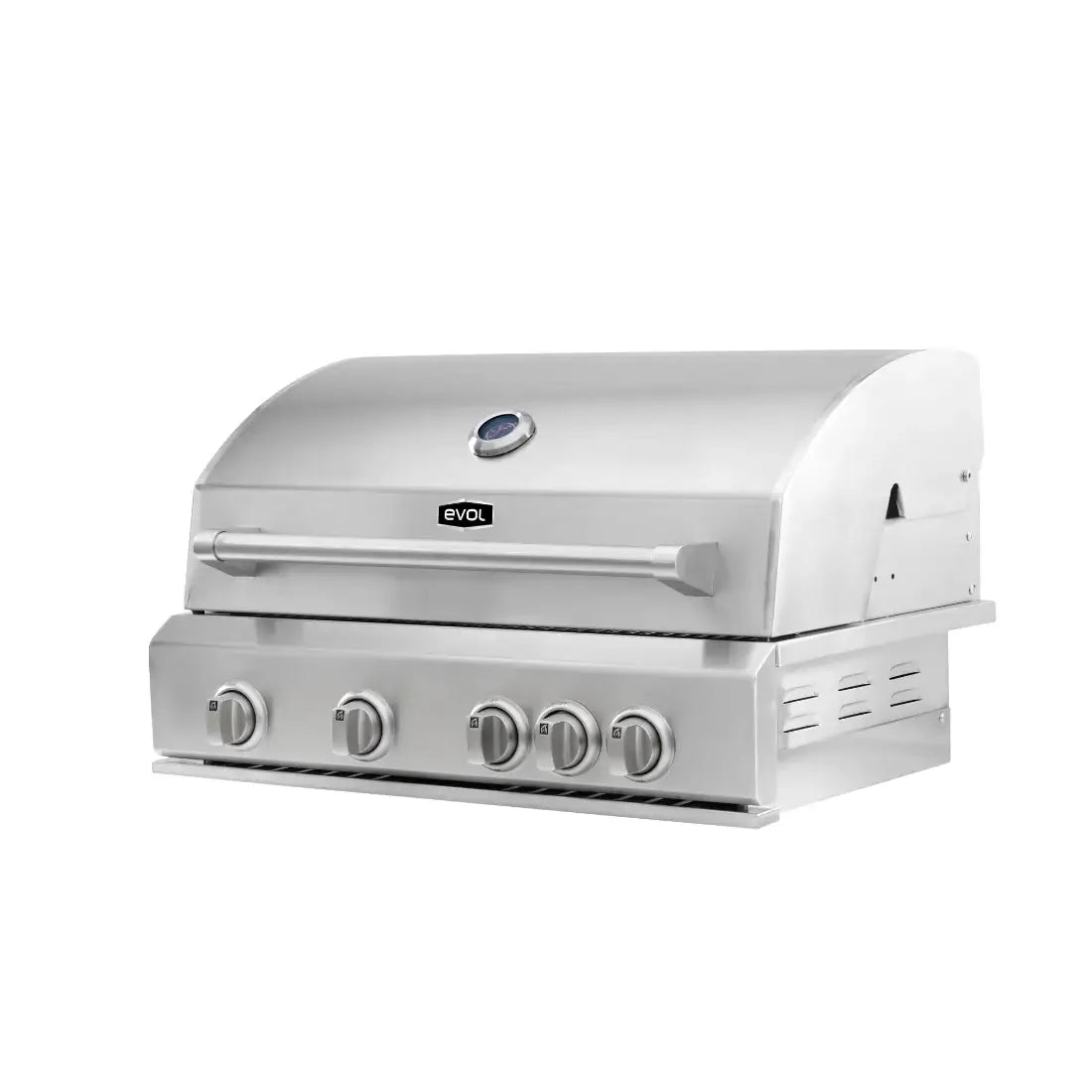 Churrasqueira a Gás Evol Florence 4 Queimadores Inox 79cm - churrasqueira inox embutir com 4 queimadores, tampa curva, puxador e acabamento em inox