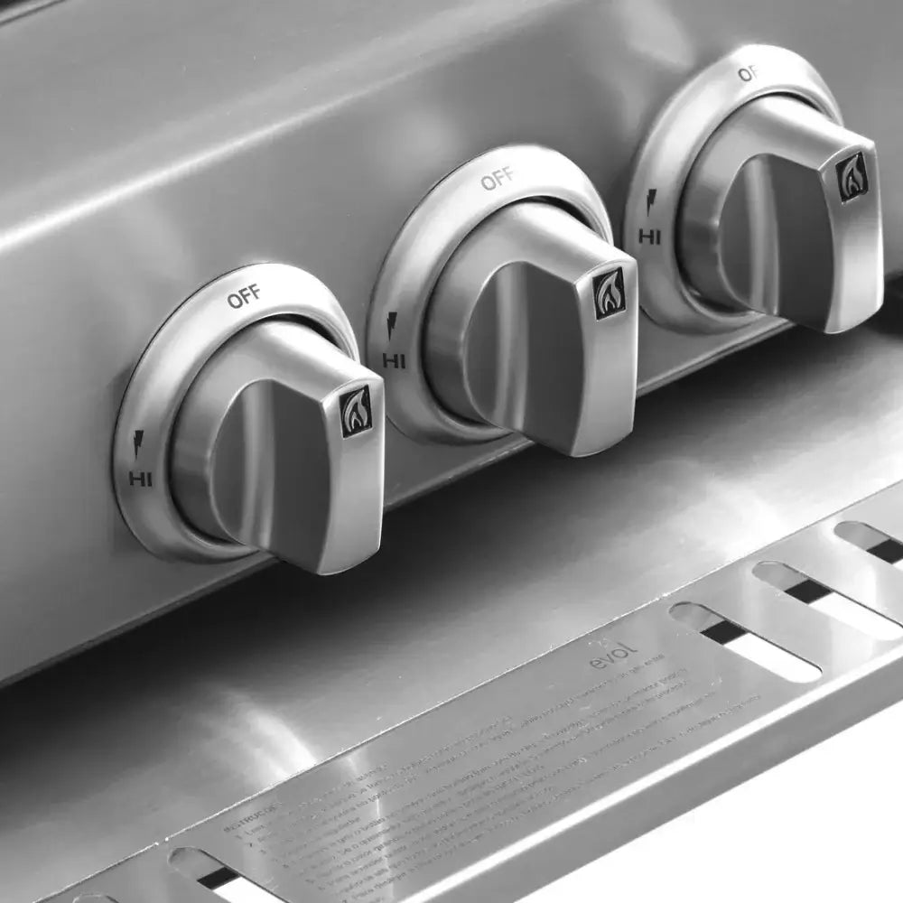 Churrasqueira a Gás Evol Florence 4 Queimadores Inox 79cm botões e acabamento inox escovado com 4 queimadores e bandeja coletora visíveis