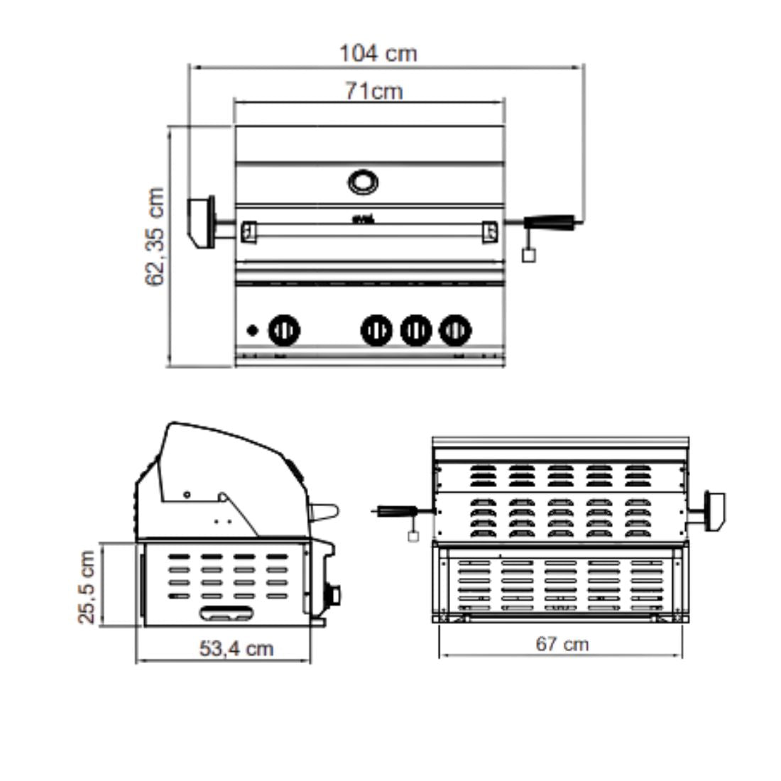 Churrasqueira à Gás Evol Modena 28'' Inox 3 Queimadores 70cm - desenho técnico com dimensões, tampa e painel com 3 botões