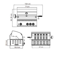 Churrasqueira à Gás Evol Modena 28'' Inox 3 Queimadores 70cm - desenho técnico com dimensões, tampa e painel com 3 botões