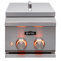Evol Side Burner a Gás Evol 2 Queimadores Tripla Chama Inox 34cm: churrasqueira de embutir inox com 2 botões, tampa e acabamento escovado