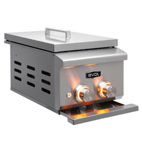 Evol Side Burner a Gás Evol 2 Queimadores Tripla Chama Inox 34cm: churrasqueira de embutir em inox escovado com grelha, tampa e bandeja coletora