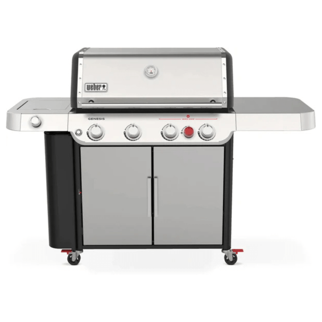 Churrasqueira a Gás Weber 4 Queimadores 165cm com Rodizio Gênesis II S-435 em inox escovado, 4 queimadores, tampa e gabinete com rodízios
