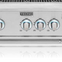 Churrasqueira Tecno painel frontal em inox com 4 botões iluminados e logo Tecno Professional - 2 queimadores, design premium