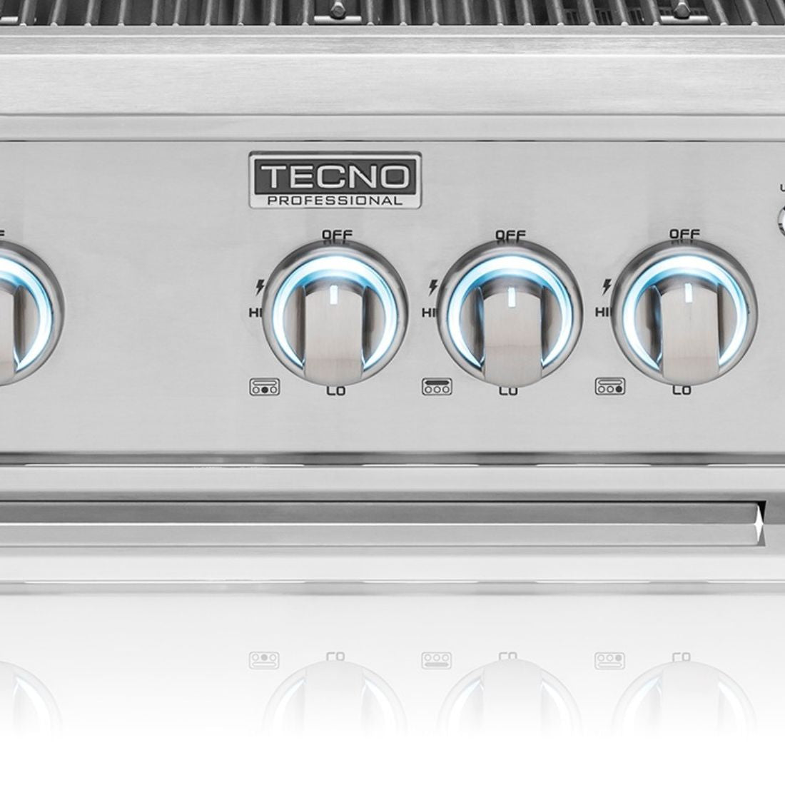 Churrasqueira Tecno painel inox 3 queimadores com botões iluminados e logo Tecno Professional