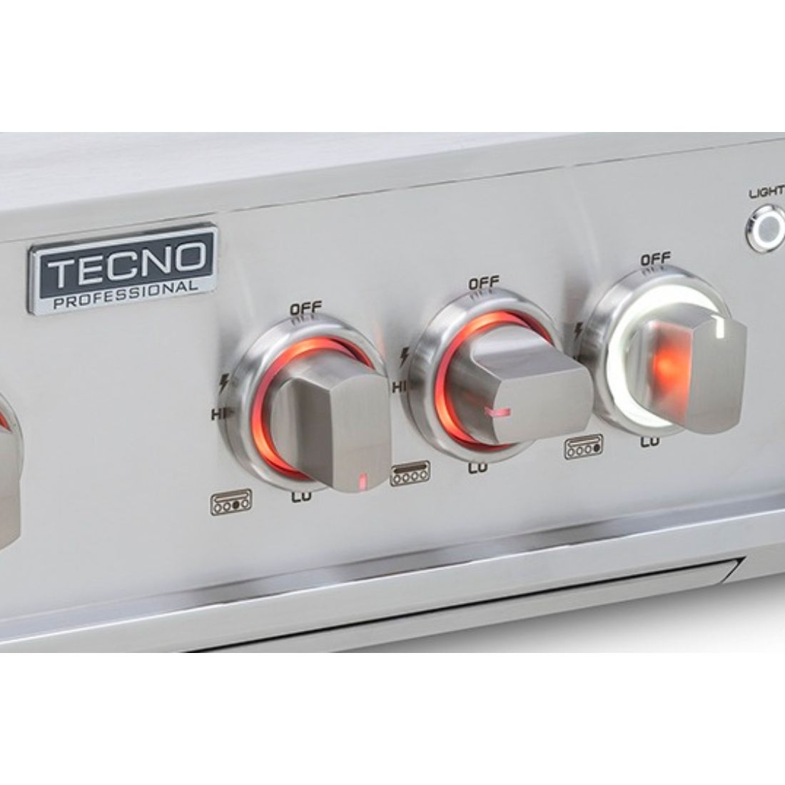 Alt Tag: Churrasqueira Tecno painel inox com 3 botões de controle iluminados e logo Tecno Professional